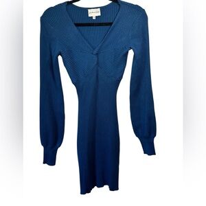 Freshman1996 Dark Teal Blue Knit Dress Long Sleeve Size XS V Neck Balloon Sleeve